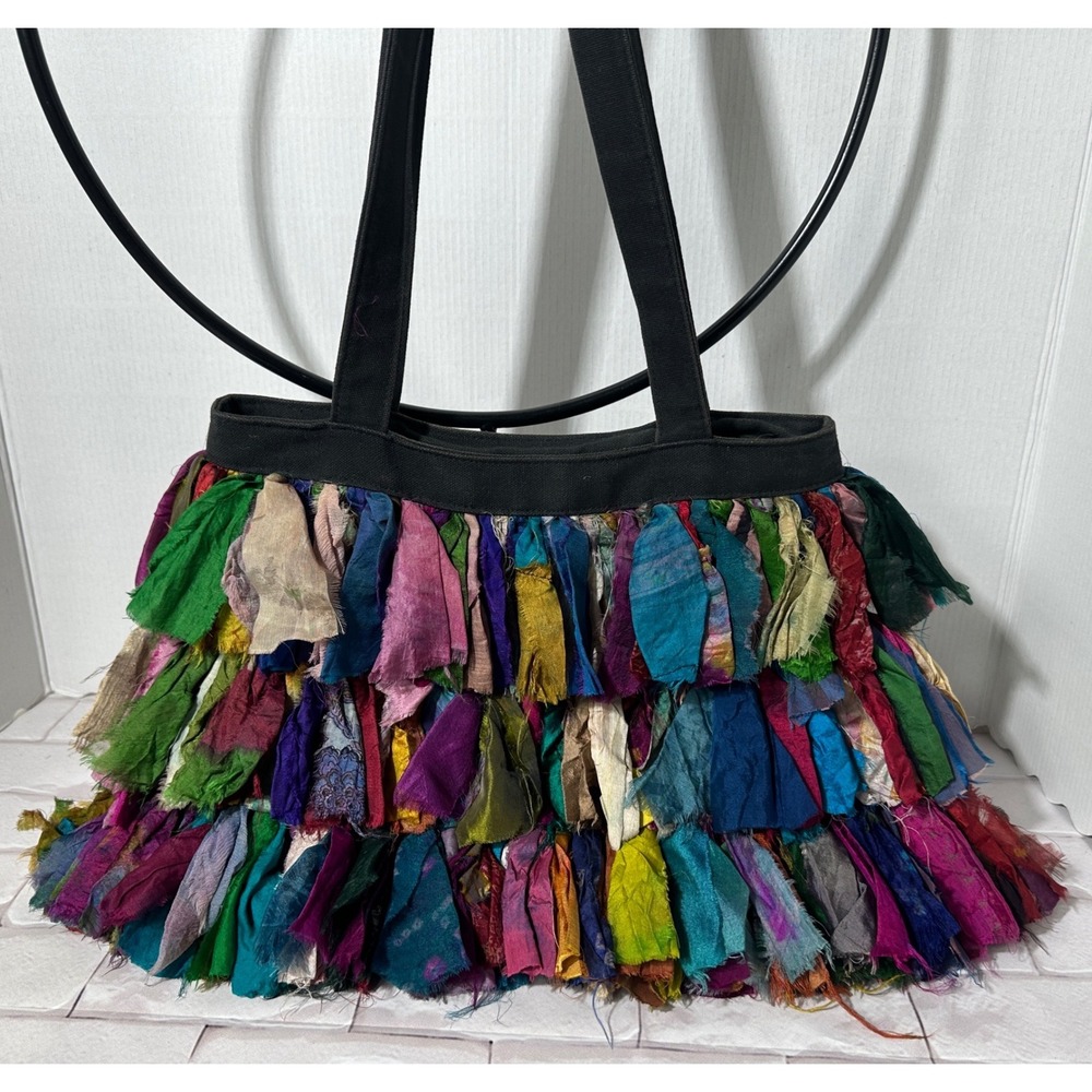 Hand Loomed 100% Silk Tiered Fringe Purse Tote Bag Multicolor Boho Made in India - Picture 3 of 5